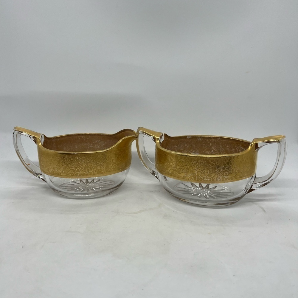 Vintage Creamer & Open Sugar Set with Thick Band of Gold Golding Accent.